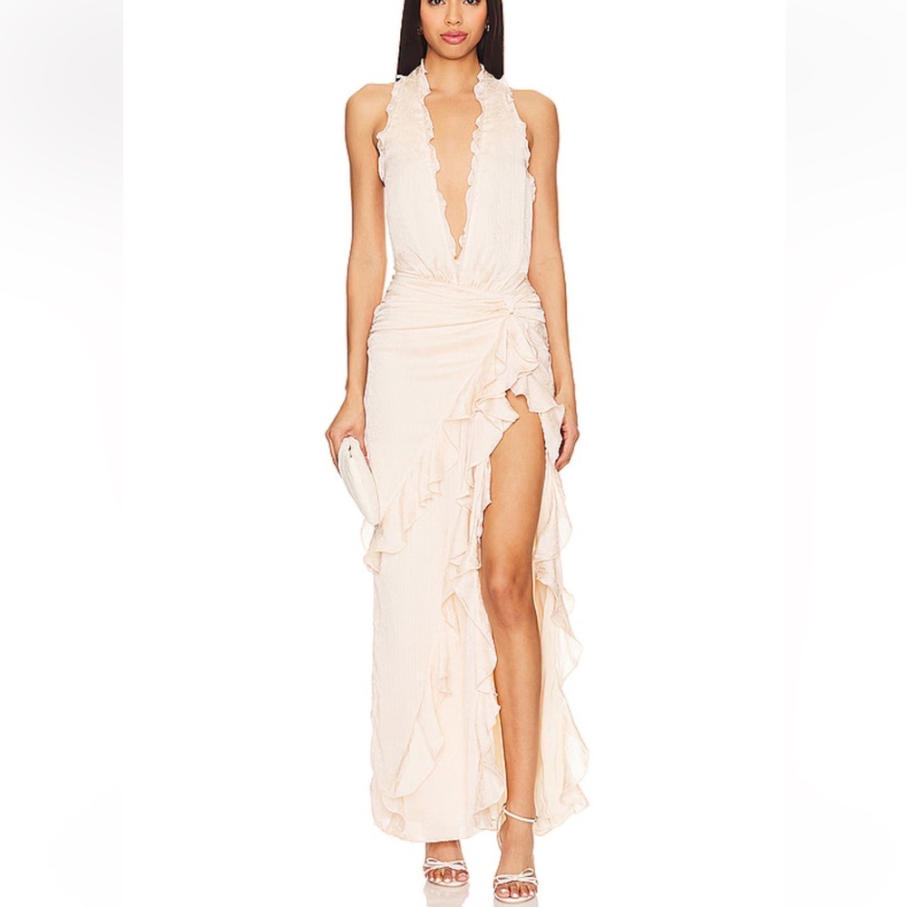 NBD Celenia Maxi Dress Champagne Butterfly ruffle gown Revolve XS